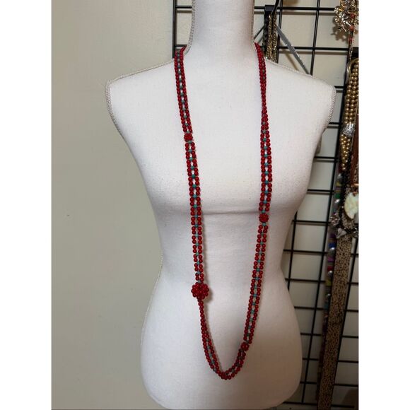 Long Red & Turquoise Glass Bead Necklace with Knotted Accents Unique - Picture 1 of 10